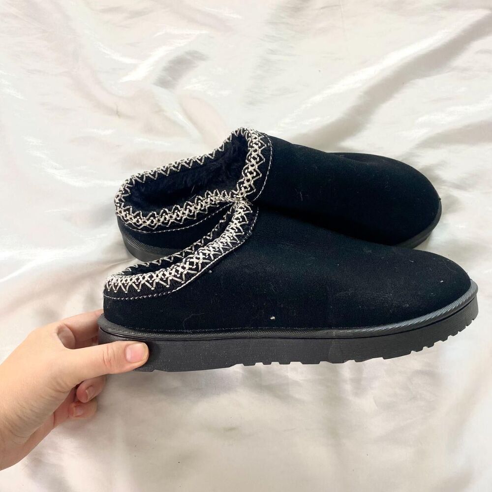 NEW Black White Trim Cozy Platform Embroidered Clog Slippers / Mules US 9 - Picture 3 of 5